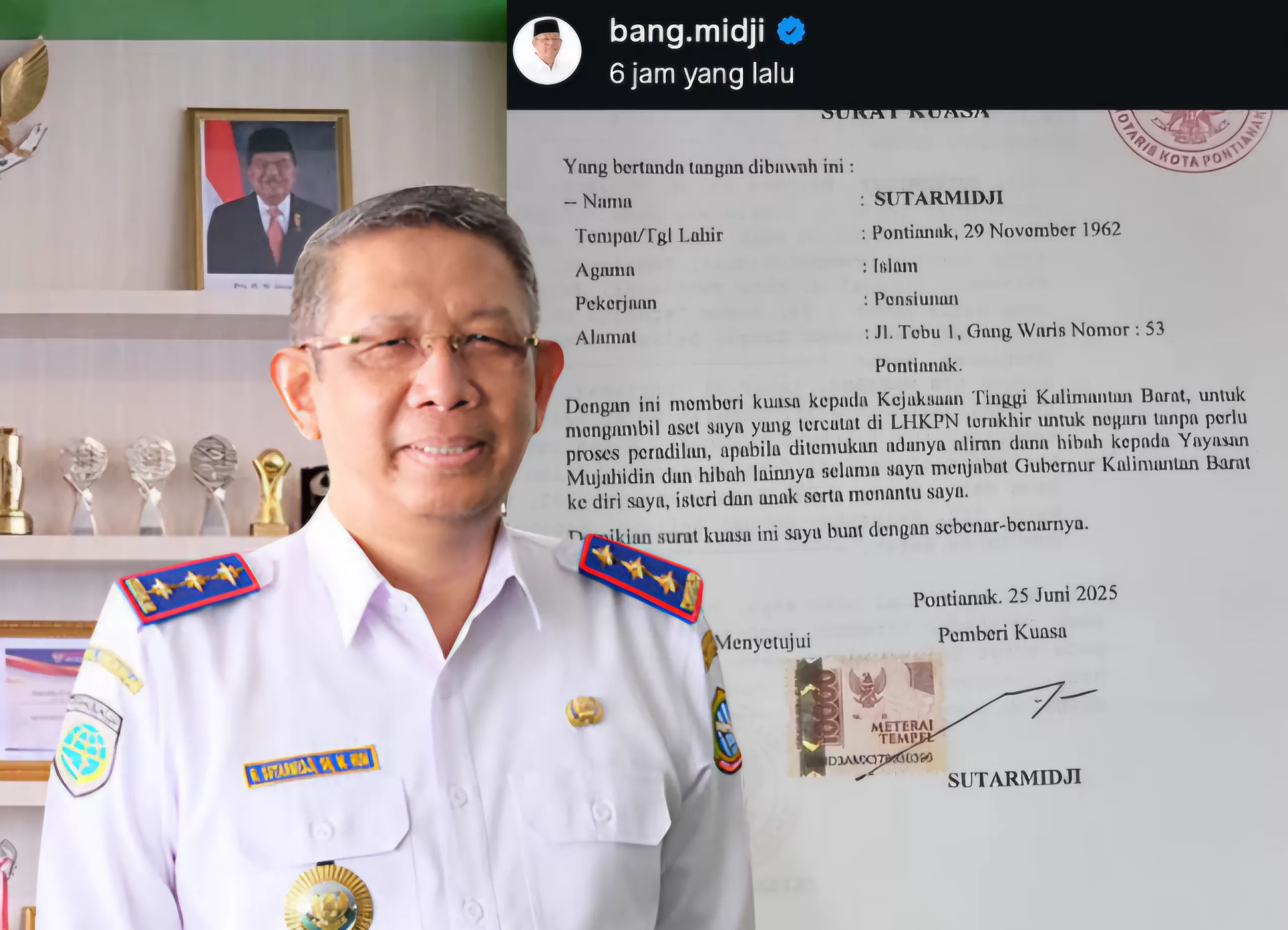 Mantan Gubernur Kalimantan Barat periode 2018–2023, Sutarmidji, secara terbuka memberikan surat kuasa kepada Kejaksaan Tinggi (Kejati) Kalbar untuk menyita aset miliknya yang tercatat di LHKPN bila terbukti terkait kasus hibah Yayasan Mujahidin Pontianak. Langkah ini diumumkan langsung lewat unggahannya di akun Instagram @bang.midji pada Minggu, 20 September 2025. Dalam keterangannya, Sutarmidji mengaku gerah dengan isu yang menyeret namanya dan keluarga dalam pusaran dana hibah tersebut. "Saya beserta keluarga merasa terganggu atas simpang siur masalah hibah kepada Yayasan Mujahidin. Sebagai tanggung jawab moril dan yuridis, saya beri kuasa kepada Kejaksaan Tinggi Kalbar. Surat kuasa khusus ini bisa diambil kapan saja dibutuhkan," tulisnya. Unggahan itu juga menampilkan selembar surat kuasa yang ditandatangani Sutarmidji bersama istrinya, Lis Maryani. Dalam dokumen tersebut, ia menegaskan memberi kewenangan penuh kepada Kejati Kalbar untuk mengambil aset pribadinya jika terbukti ada aliran dana hibah ke keluarganya.